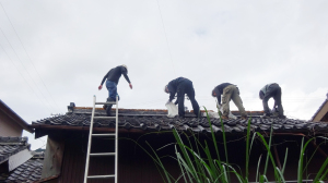 職人さんの指導の下、2名の学生が屋根に上り、土葺きの瓦と土を剥がして土嚢袋に詰める様子